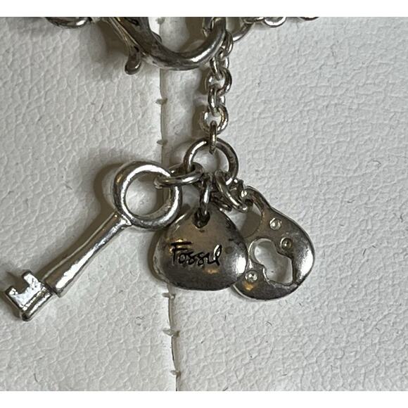 Fossil Chain Necklace Silver Tone Double Rings Circles 18" Signed Charms - Picture 8 of 11